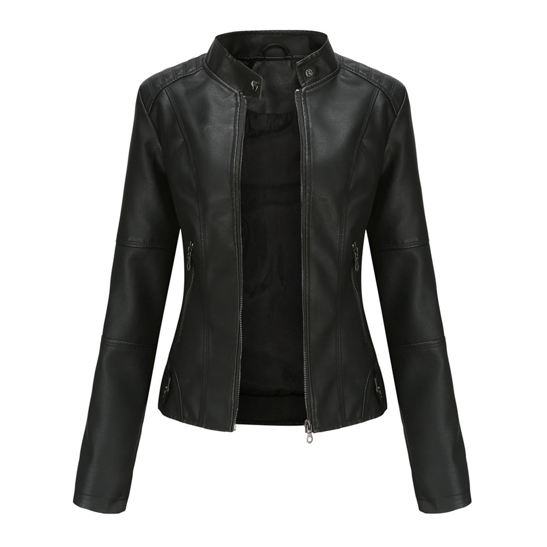 Black faux leather jacket for women by Christine Brewer, featuring a sleek design and modern style.