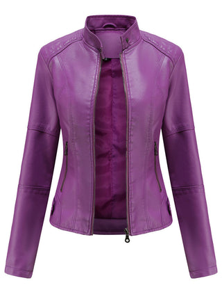 Lilac faux leather jacket for women by Christine Brewer, featuring a sleek, modern design and stylish fit.
