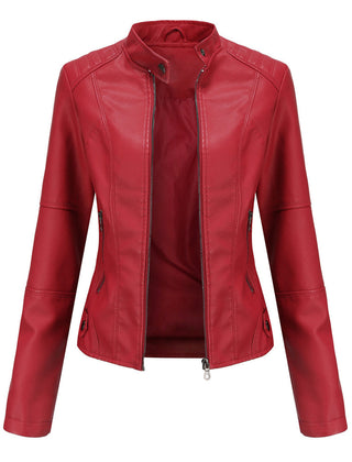 Red faux leather jacket for women by Christine Brewer, featuring a sleek design and stylish fit.