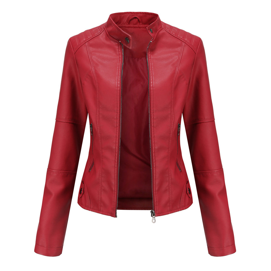 Red faux leather jacket for women by Christine Brewer, featuring a sleek design and stylish fit.