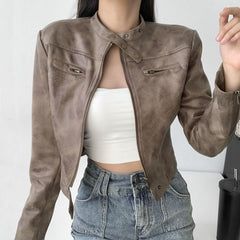 Isla cropped faux leather jacket for women by Christine Brewer, featuring a stylish fitted design and classic collar detail.