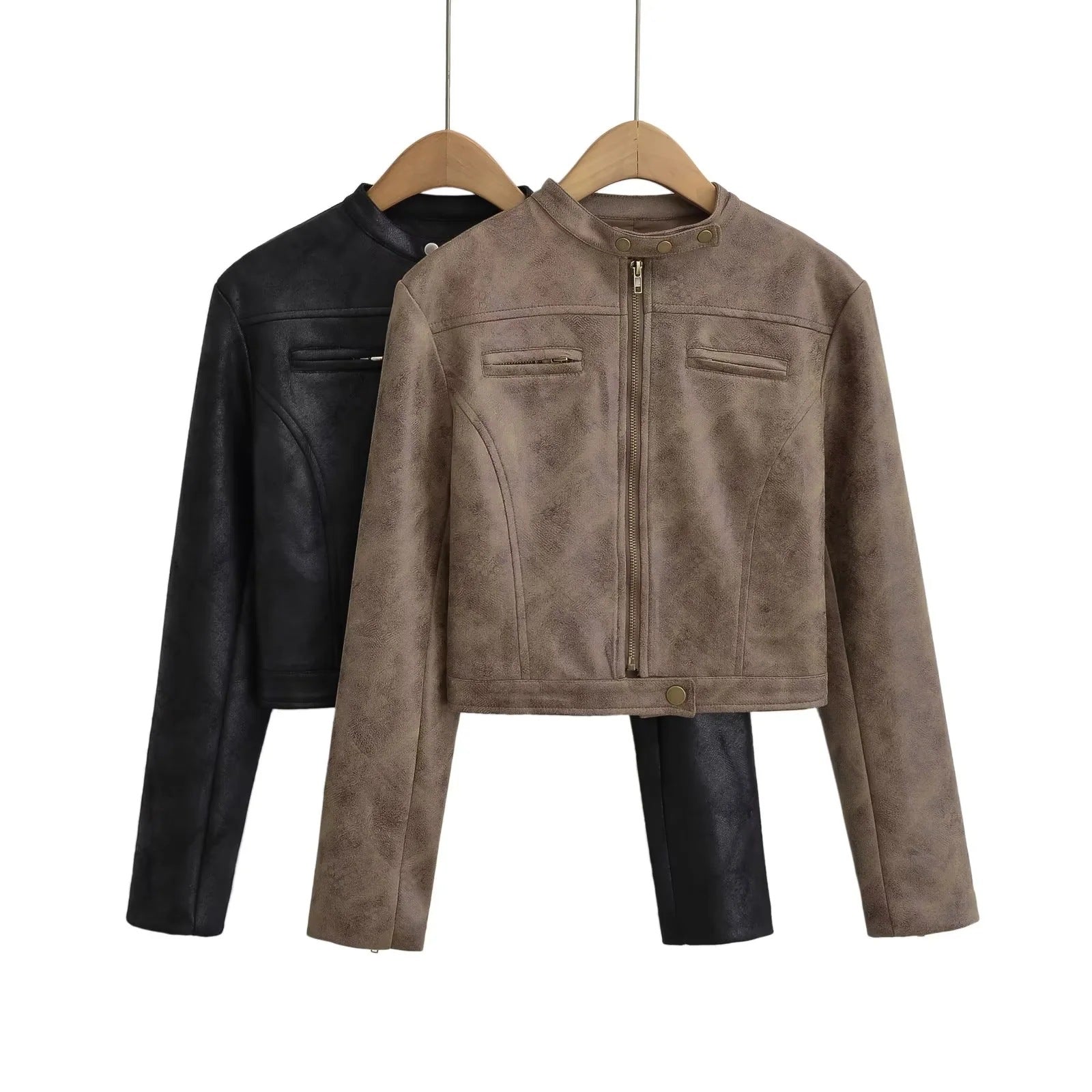 Women’s Isla cropped faux leather jacket by Christine Brewer, featuring a stylish fitted design and classic black color.