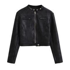 Black Isla cropped faux leather jacket for women by Christine Brewer, shown on a model, featuring a stylish, fitted design.