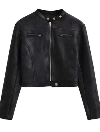 Black Isla cropped faux leather jacket for women by Christine Brewer, shown on a model, featuring a stylish, fitted design.