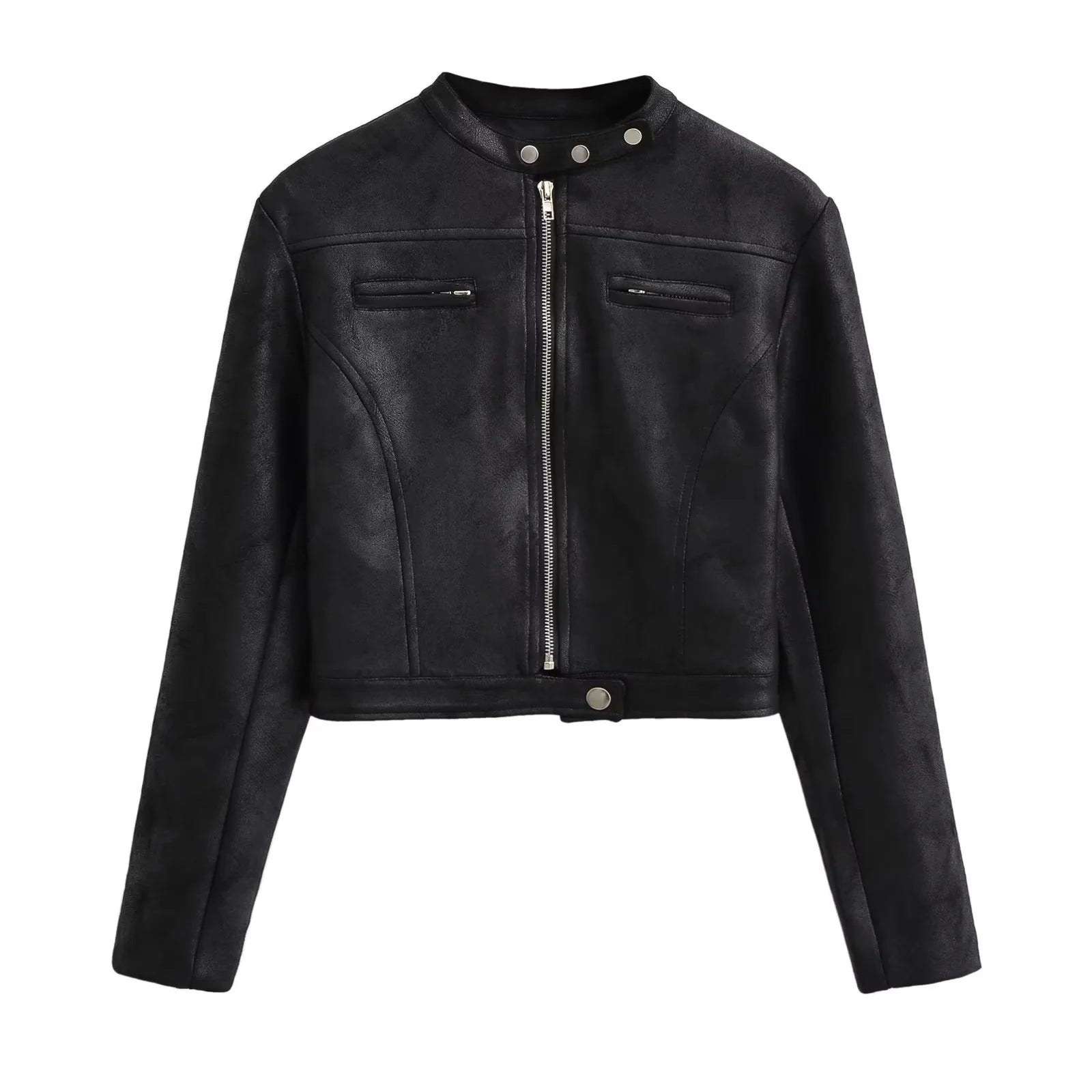 Black Isla cropped faux leather jacket for women by Christine Brewer, shown on a model, featuring a stylish, fitted design.