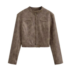 Brown Isla cropped faux leather jacket for women by Christine Brewer, shown on a model with a stylish, fitted design.