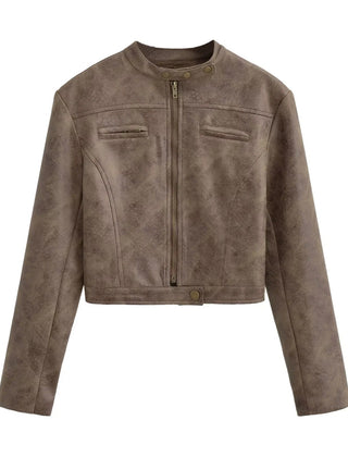 Brown Isla cropped faux leather jacket for women by Christine Brewer, shown on a model with a stylish, fitted design.