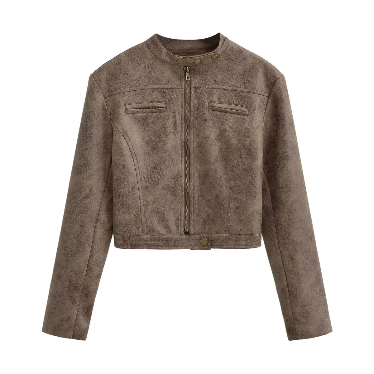 Brown Isla cropped faux leather jacket for women by Christine Brewer, shown on a model with a stylish, fitted design.