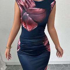 White bodycon sleeveless maxi dress by Christine Brewer with contrast color flower print and round neckline, perfect for elegant occasions.