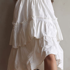 Retro Boho corset tiered midi dress with lace trim by Christine Brewer, featuring a flowing design and vintage-inspired style.