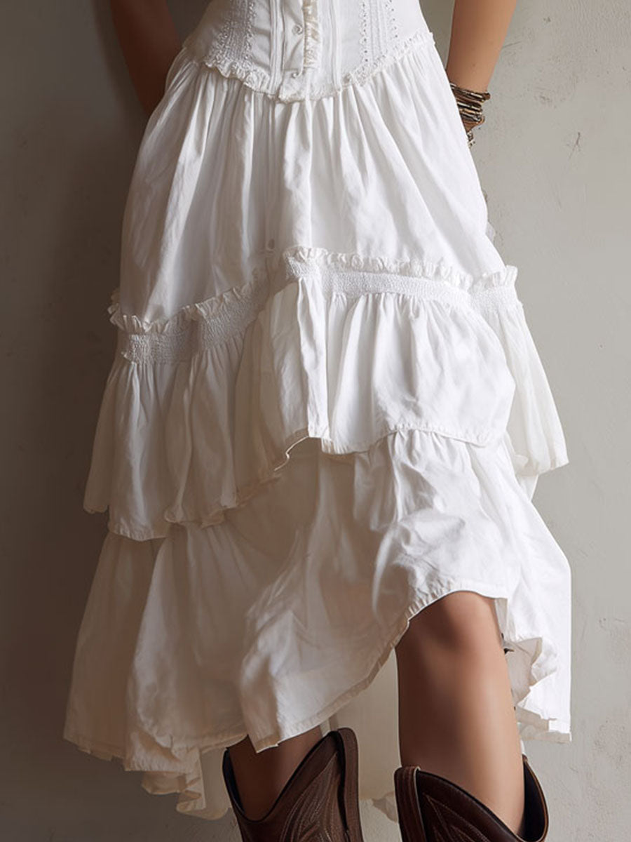 Retro Boho corset tiered midi dress with lace trim by Christine Brewer, featuring a flowing design and vintage-inspired style.