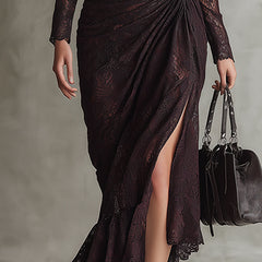 Red faux leather maxi dress by Christine Brewer, elegant evening dress featuring a flowing silhouette and stylish design.