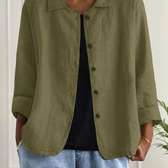 Women’s lightweight casual button-front jacket by Christine Brewer, Ella, shown in a natural outdoor setting.