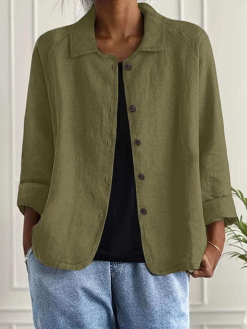 Women’s lightweight casual button-front jacket by Christine Brewer, Ella, shown in a natural outdoor setting.
