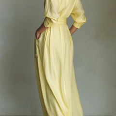 Christine Brewer solid color lapel long sleeve maxi dress with casual pockets and waist-cinching design, perfect for everyday wear.