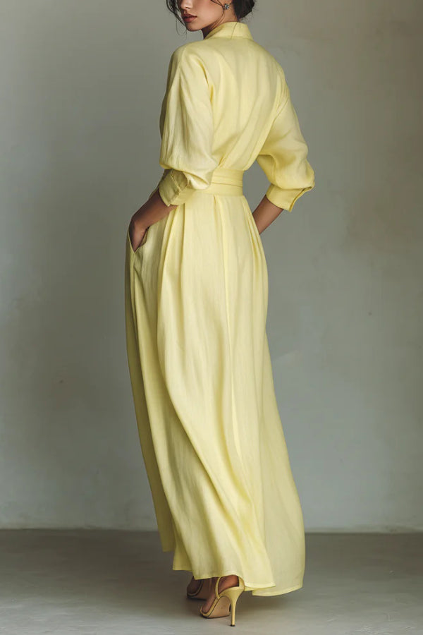 Christine Brewer solid color lapel long sleeve maxi dress with casual pockets and waist-cinching design, perfect for everyday wear.