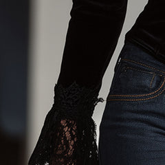 Black velvet lace long sleeve blouse for women by Christine Brewer, featuring elegant lace details and a fitted long sleeve design.