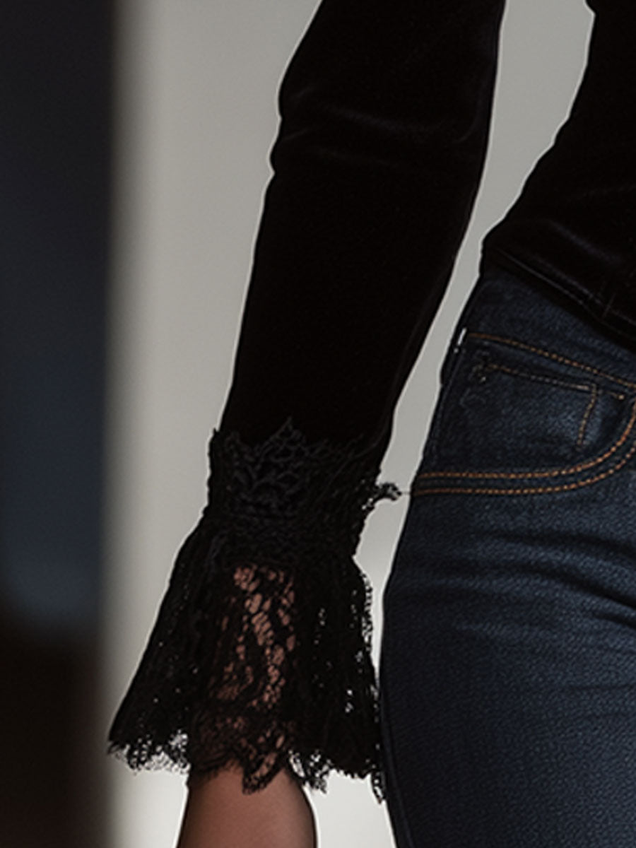 Black velvet lace long sleeve blouse for women by Christine Brewer, featuring elegant lace details and a fitted long sleeve design.