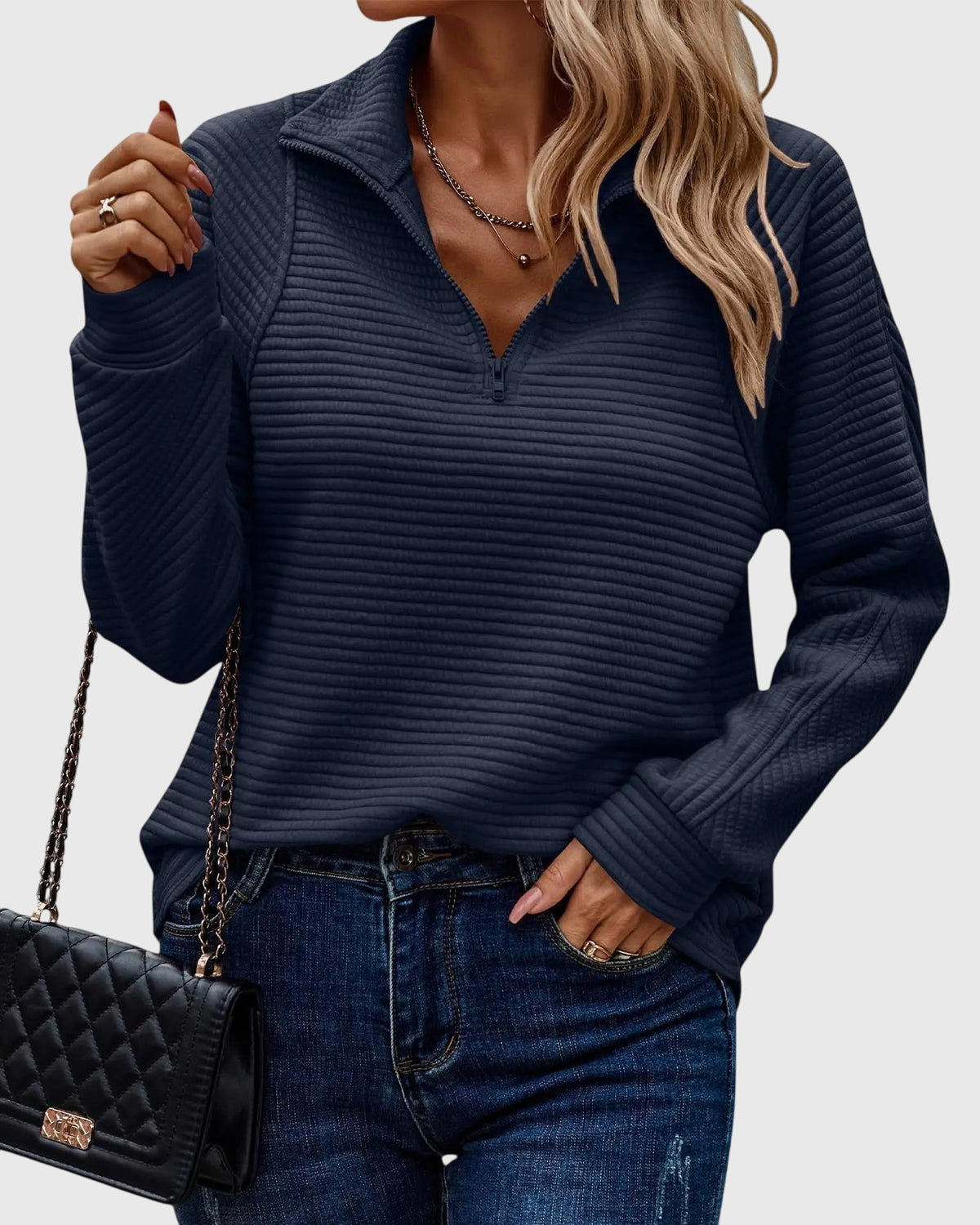 Christine Brewer Ruth women's half-zip sweater in soft knit fabric, featuring a high collar and cozy fit.
