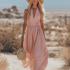 Sleeveless cotton maxi dress for women by Christine Brewer, featuring a flowy design and comfortable fit in a natural fabric.