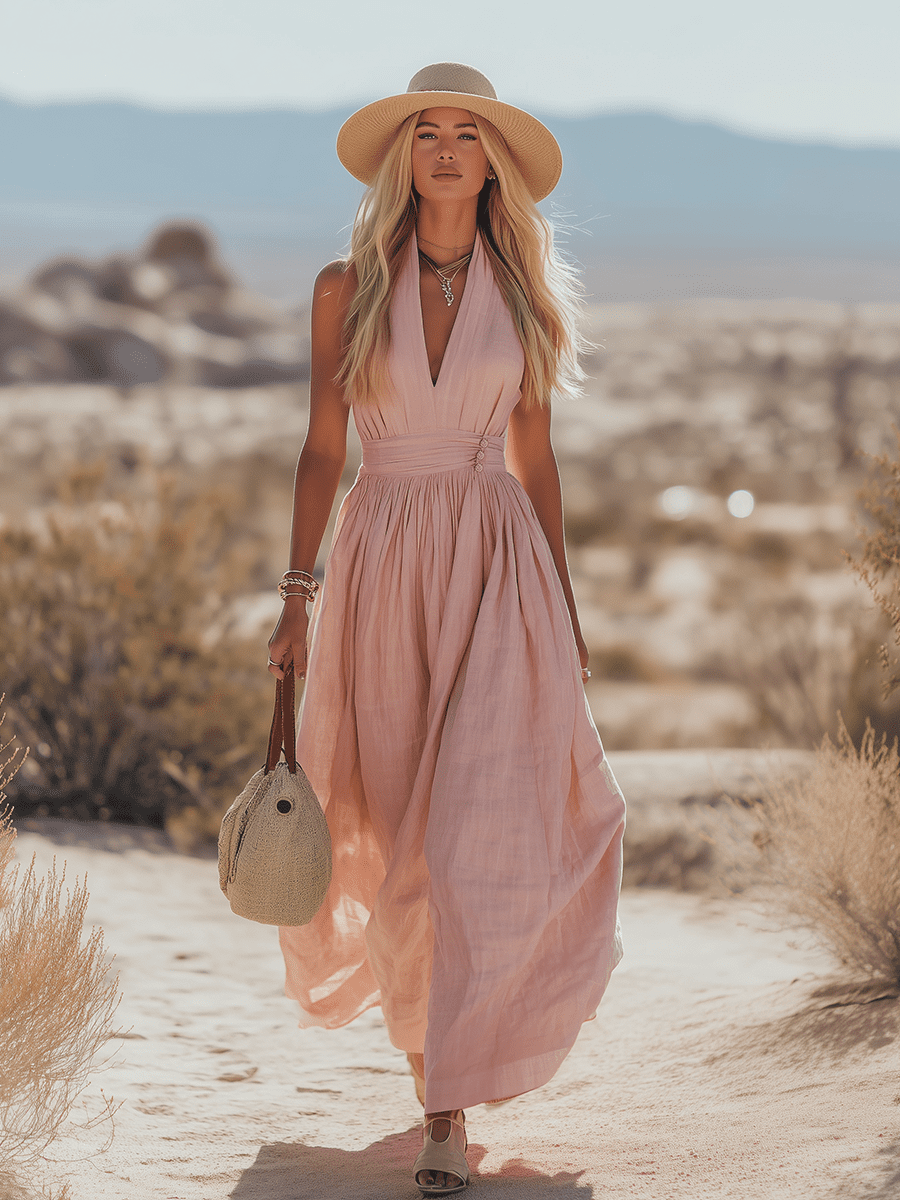 Sleeveless cotton maxi dress for women by Christine Brewer, featuring a flowy design and comfortable fit in a natural fabric.