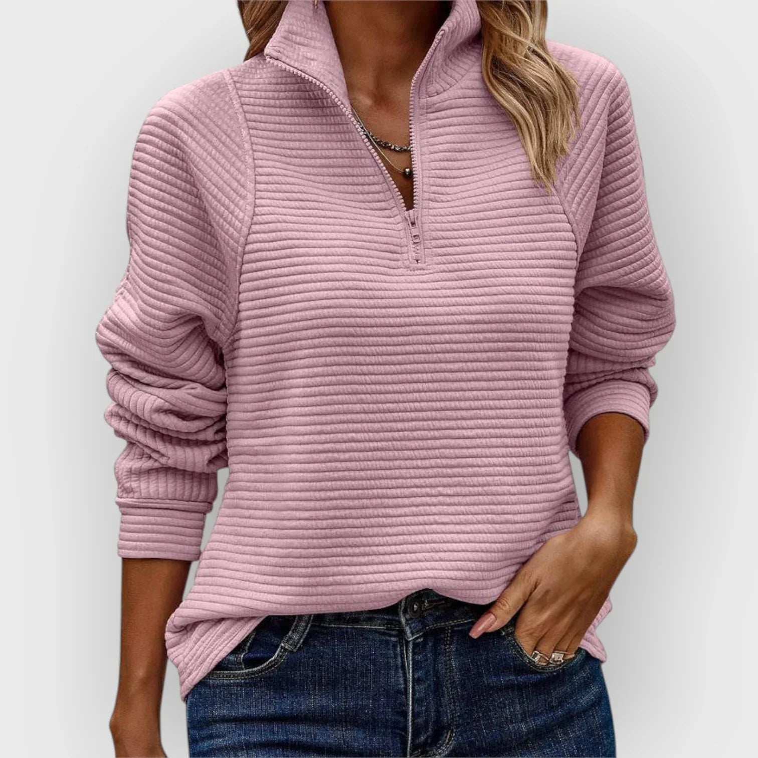 Katherine women's V-neck half-zip sweater by Christine Brewer, shown in soft knit fabric with a stylish V-neck and half-zip detail.