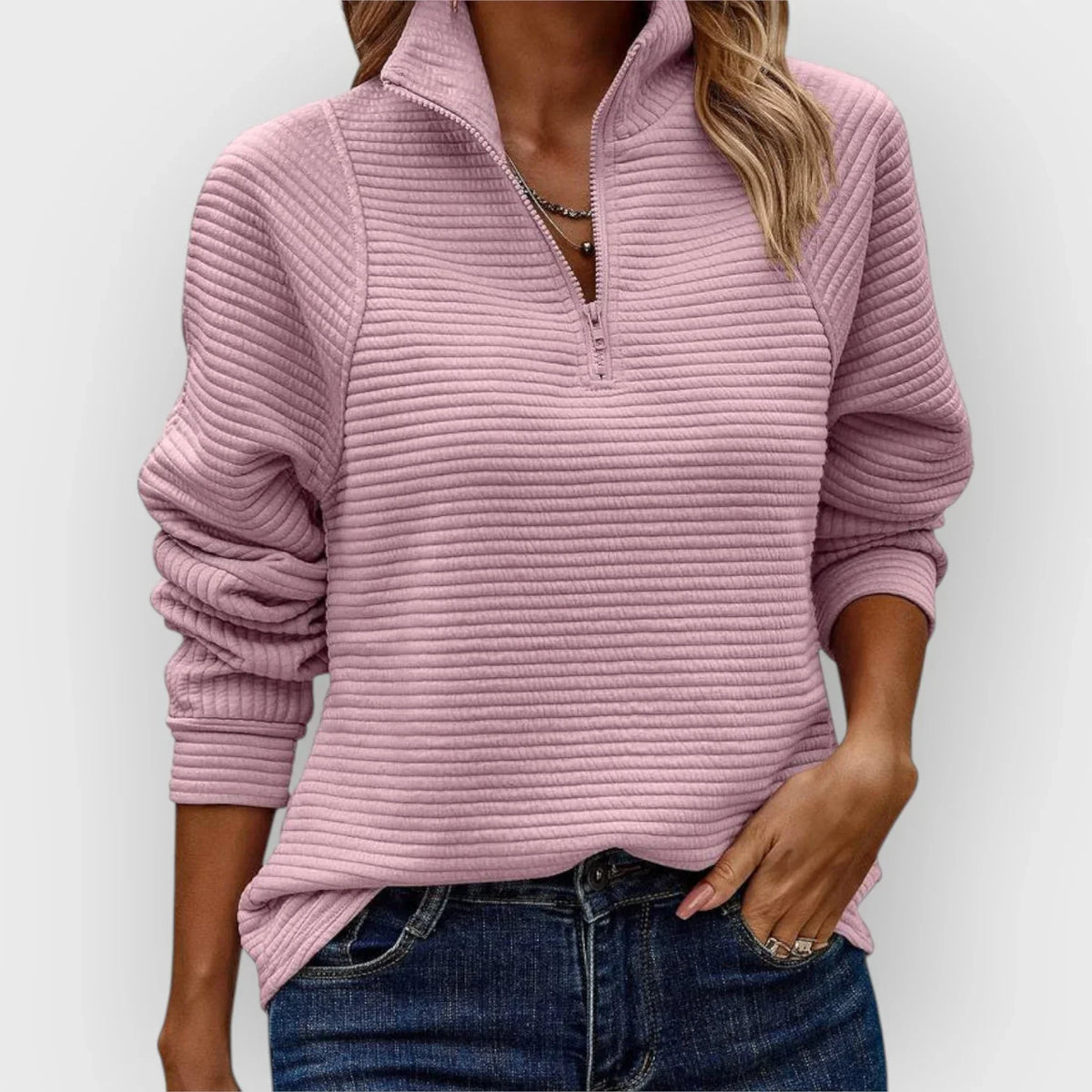 Katherine women's V-neck half-zip sweater by Christine Brewer, shown in soft knit fabric with a stylish V-neck and half-zip detail.