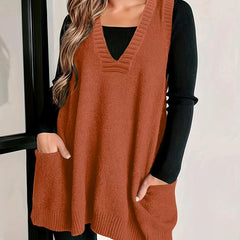 Christine Brewer Kelly V-neck sleeveless knit sweater vest for women, showing the beige vest with ribbed hem and V-neck neckline.