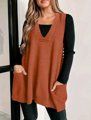 Christine Brewer Kelly V-neck sleeveless knit sweater vest for women, showing the beige vest with ribbed hem and V-neck neckline.