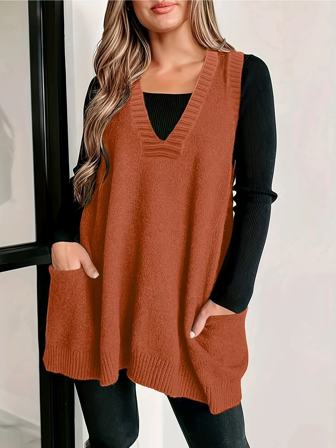 Christine Brewer Kelly V-neck sleeveless knit sweater vest for women, showing the beige vest with ribbed hem and V-neck neckline.