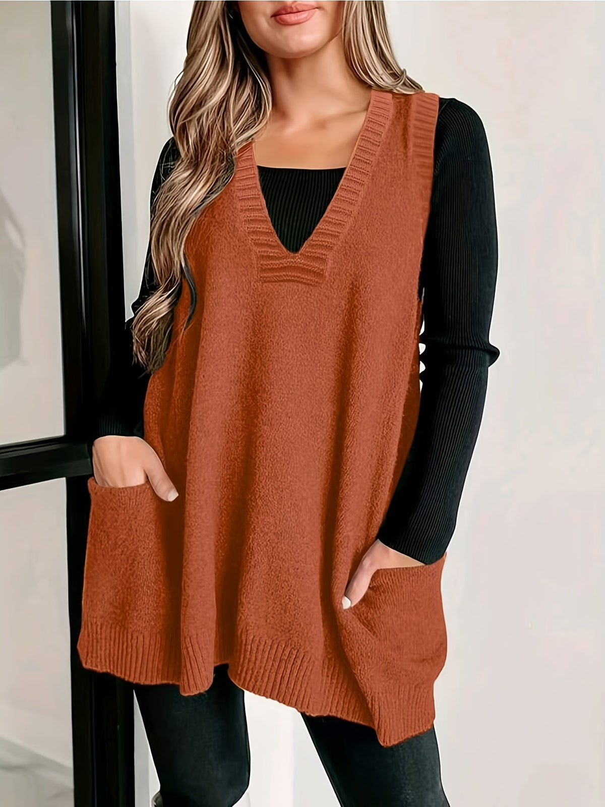 Christine Brewer Kelly V-neck sleeveless knit sweater vest for women, showing the beige vest with ribbed hem and V-neck neckline.