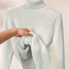 Christine Brewer Peyton women's turtleneck sweater in neutral knit, close-up showing cozy fabric and classic design.