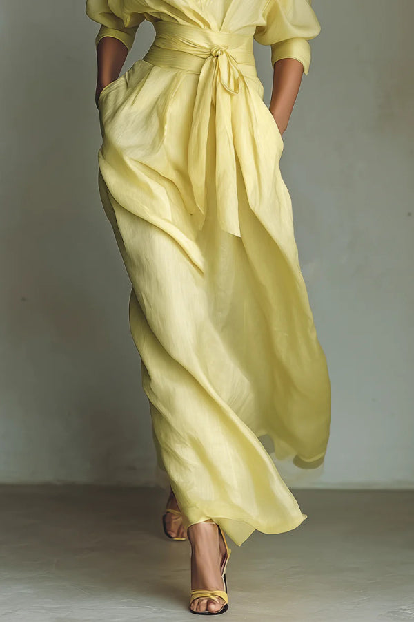 Christine Brewer solid color lapel long sleeve maxi dress with casual pocket and waist-cinching design, perfect for everyday wear.