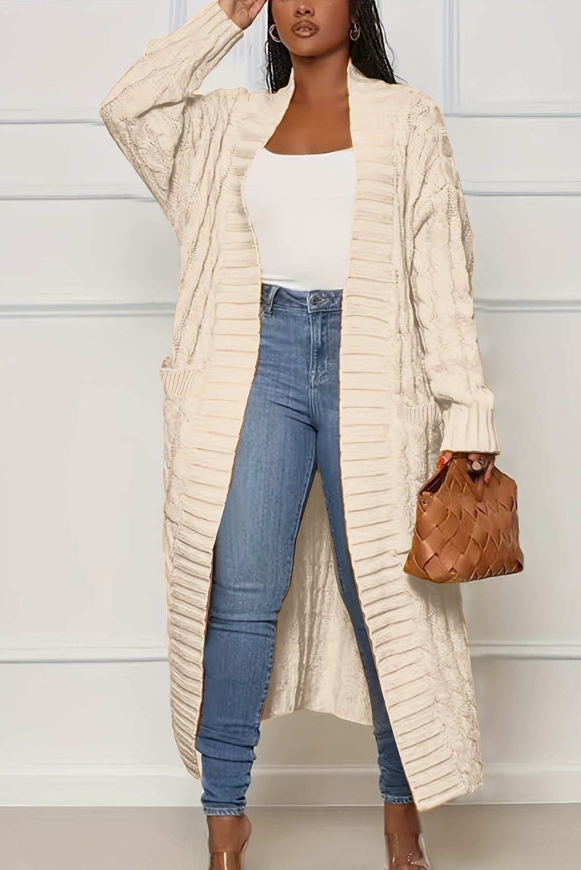 Sadie asymmetric knit cardigan for women by Christine Brewer, featuring a stylish, cozy coat with a unique design and soft fabric.