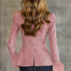 Pink faux suede and fur blazer with multi-button lapel, stylish jacket from Christine Brewer, shown on a hanger.