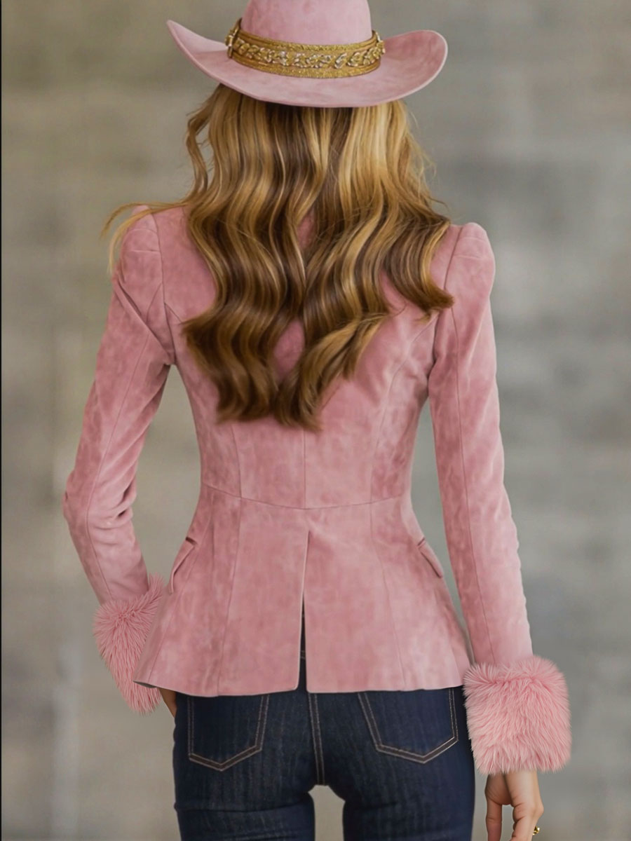 Pink faux suede and fur blazer with multi-button lapel, stylish jacket from Christine Brewer, shown on a hanger.