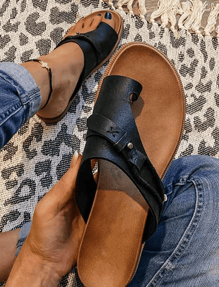 Delia orthopedic comfort sandals for women by Christine Brewer, featuring cushioned straps and supportive soles.