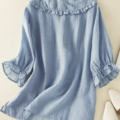 Women’s ruffle linen summer dress by Christine Brewer, featuring a breezy, stylish design perfect for warm weather.