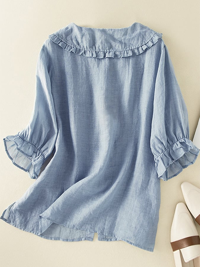 Women’s ruffle linen summer dress by Christine Brewer, featuring a breezy, stylish design perfect for warm weather.