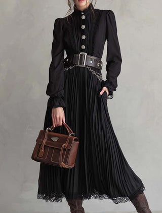 Vintage Christine Brewer midi dress with lace hem, button details, and pleated skirt, perfect for elegant or casual occasions.
