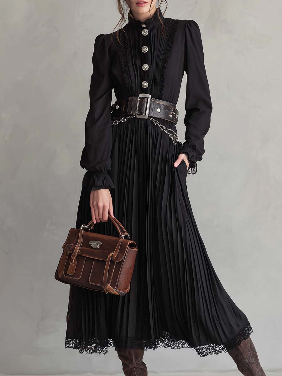 Vintage Christine Brewer midi dress with lace hem, button details, and pleated skirt, perfect for elegant or casual occasions.