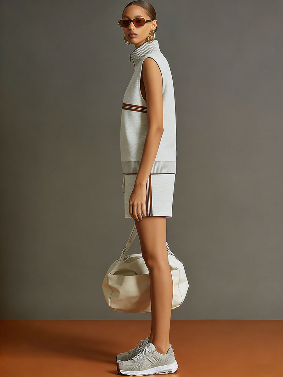 Retro sporty grey and white sleeveless sweatshirt and shorts set by Christine Brewer, featuring a half-zip design and casual fit.