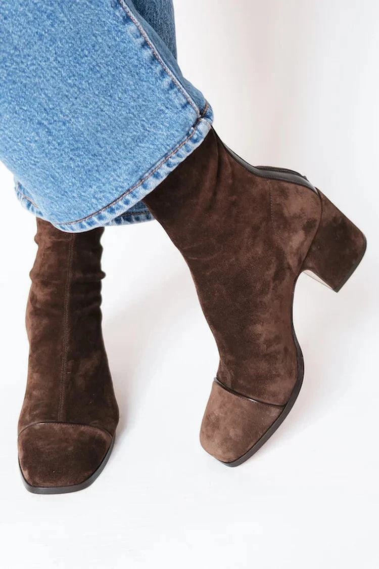 Beatrice | Ankle Boots, Women, Suede, Block Heel, Side Zip, Square Toe, Fall, Winter, Booties,