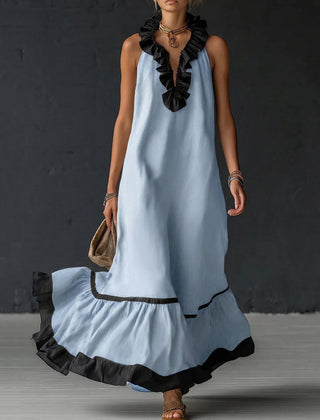 A-Line loose maxi dress by Christine Brewer featuring contrast color pleats, ruffle trim, split-joint V-neck, and elegant flowy design.