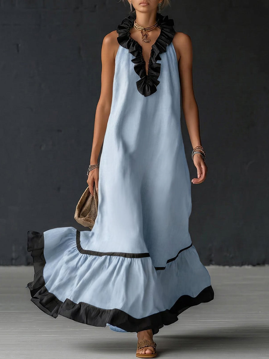 A-Line loose maxi dress by Christine Brewer featuring contrast color pleats, ruffle trim, split-joint V-neck, and elegant flowy design.