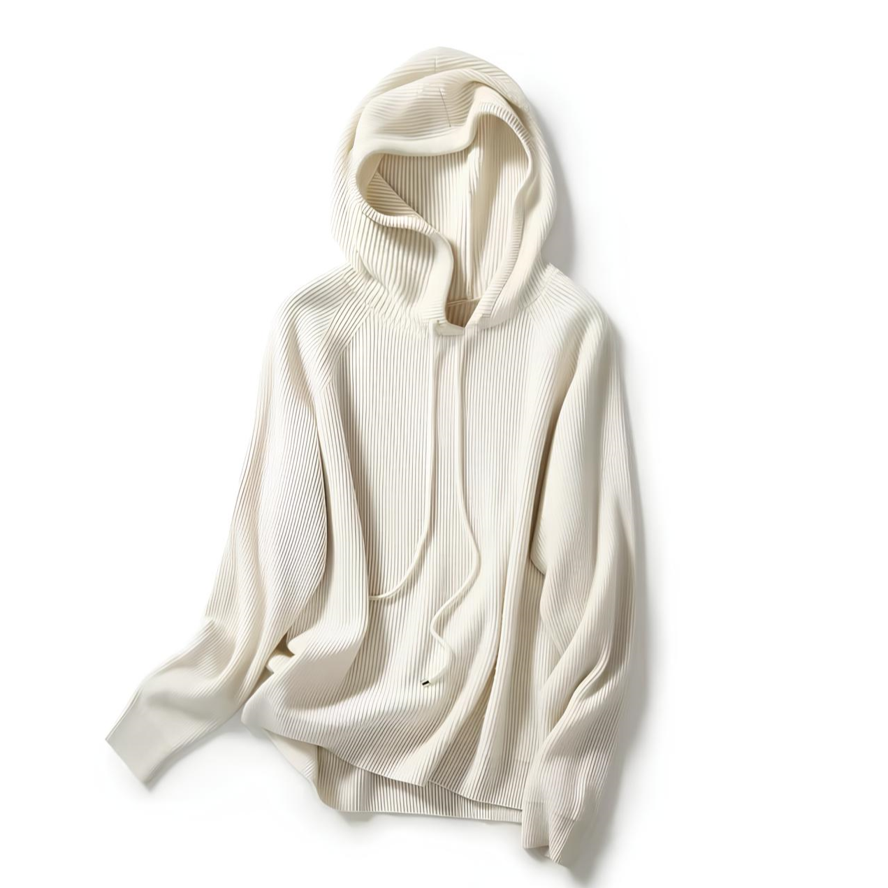 Christine Brewer Claudia cashmere hoodie for women, soft beige knit with a relaxed fit and hood, casual and cozy for everyday wear.