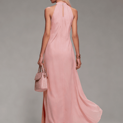 Elegant chiffon halter-neck maxi dress for women by Christine Brewer, flowing fabric and stylish design in soft pastel color.