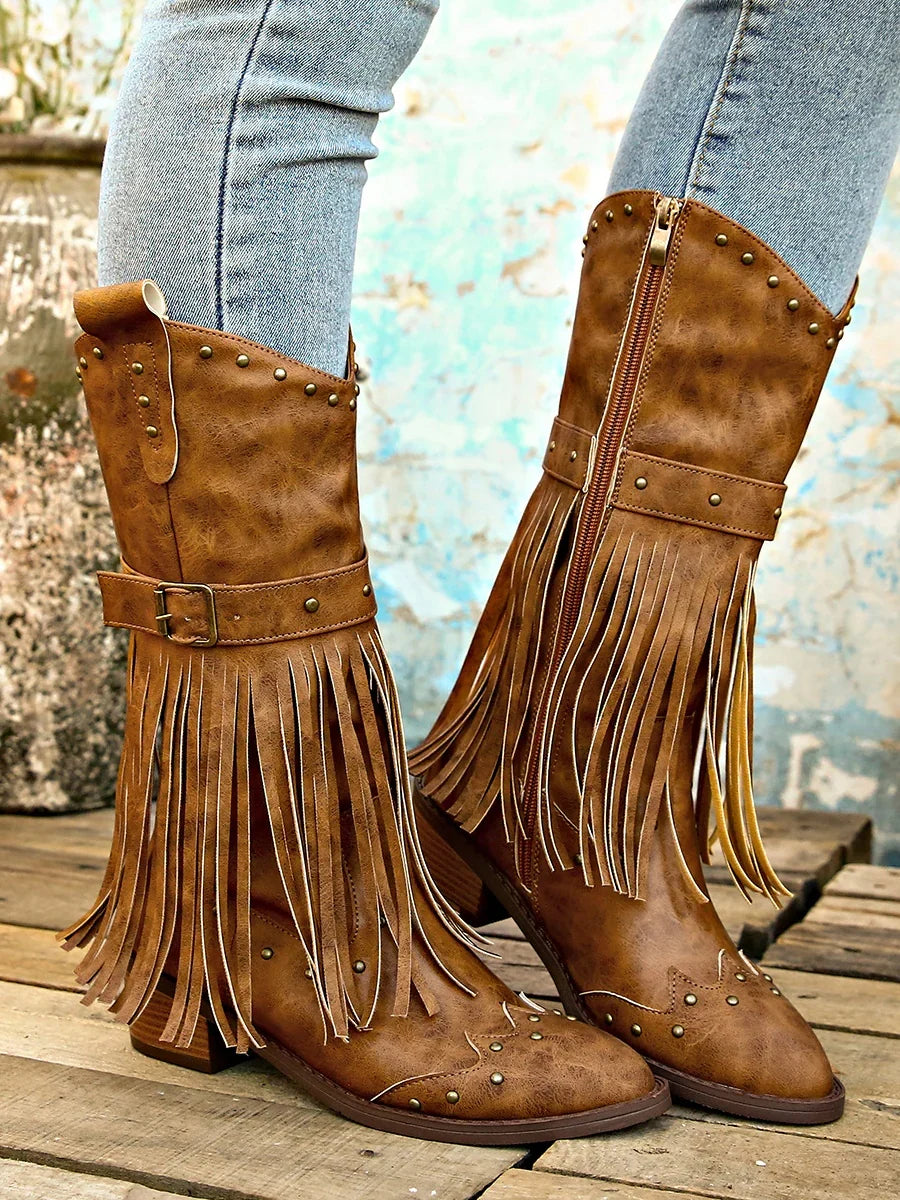Scarlett1 | Western Boots, Women, Pointed Toe, Block Heel, Fringe, Studded, Side Zip, Mid-Calf, Cowgirl,