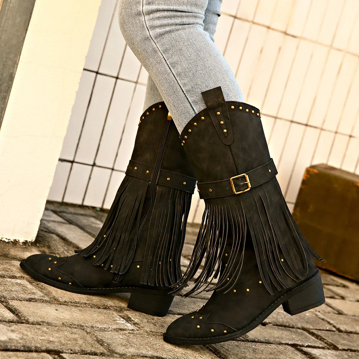 Scarlett1 | Western Boots, Women, Pointed Toe, Block Heel, Fringe, Studded, Side Zip, Mid-Calf, Cowgirl,