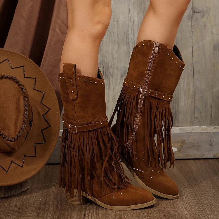 Scarlett1 | Western Boots, Women, Pointed Toe, Block Heel, Fringe, Studded, Side Zip, Mid-Calf, Cowgirl,